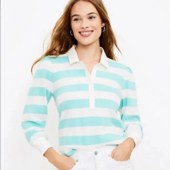 NEW Loft Stripe Polo Long Sleeve Top Size XS - Picture 1 of 5